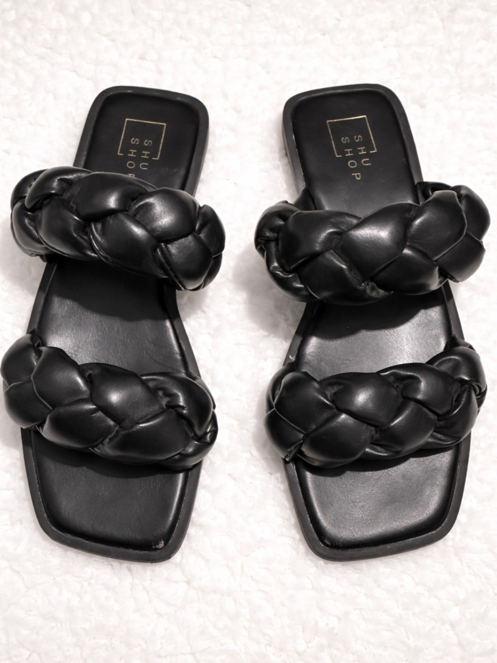 Shu Shop Black Braided Slide Sandals Square Toe Slip On